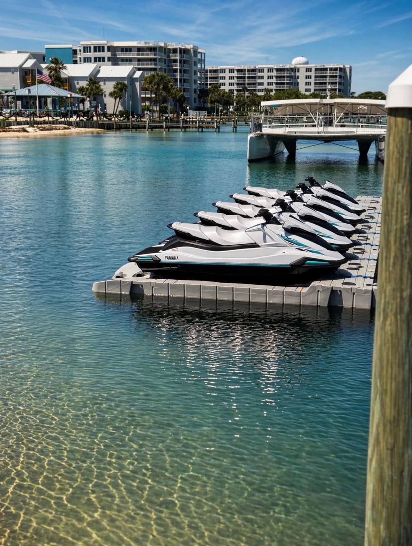Second angle of Gulf Island Rentals jet skis staged together, ready for the next riders
