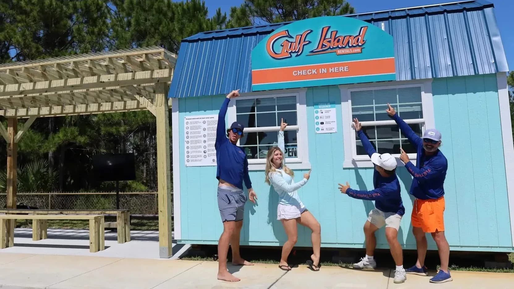Gulf Island Rentals team at the check-in office at Sunset Isle Marina, Fort Walton Beach