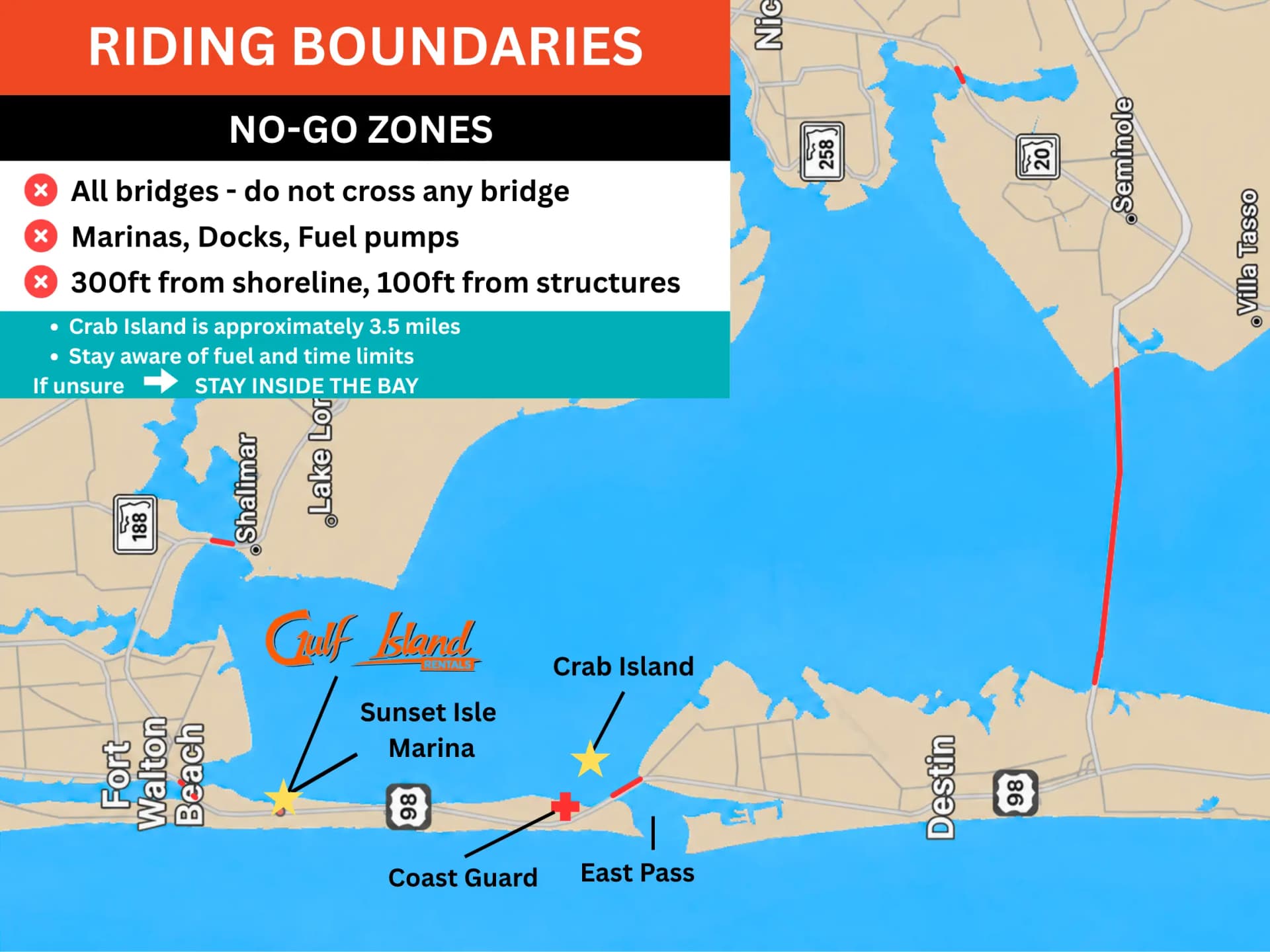 Riding zone map showing the bay area and key destinations