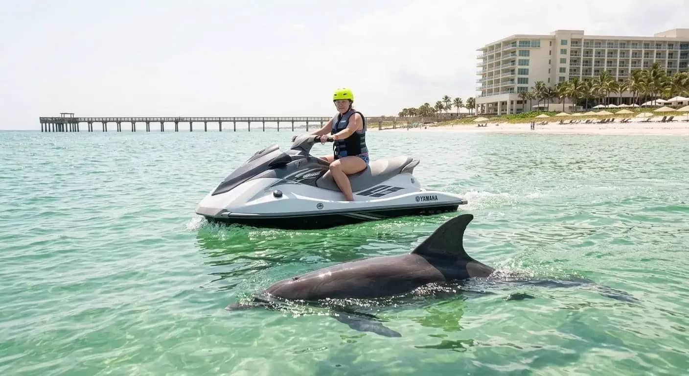 Jet ski riders with a dolphin in the foreground